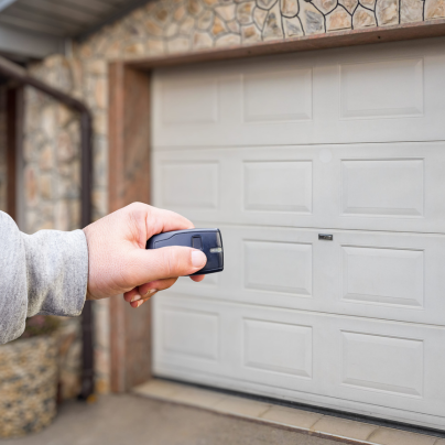Beaumont security key fob pointing to a garage door
