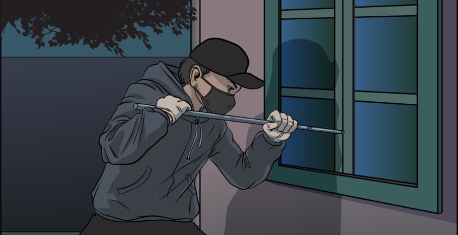 Illustration of burglar forcing entry through a window in Beaumont